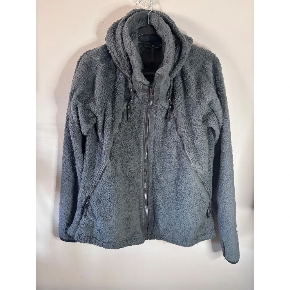 KUHL Flight Jacket Womens Large Grey Fleece Full Zip Hooded Coat 2015 Charcoal